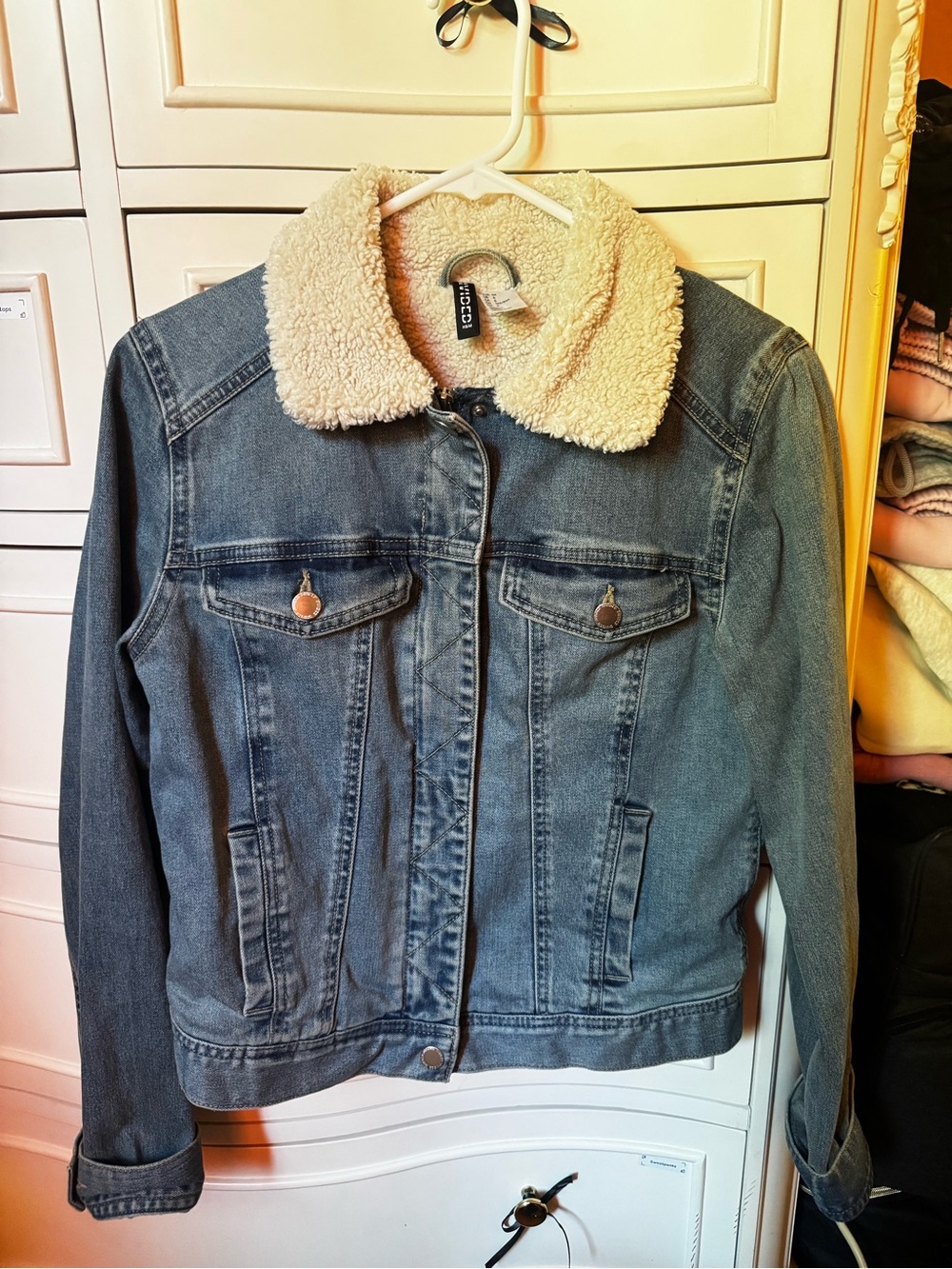 H&M Blue Denim Jacket with Cream Sherpa Collar